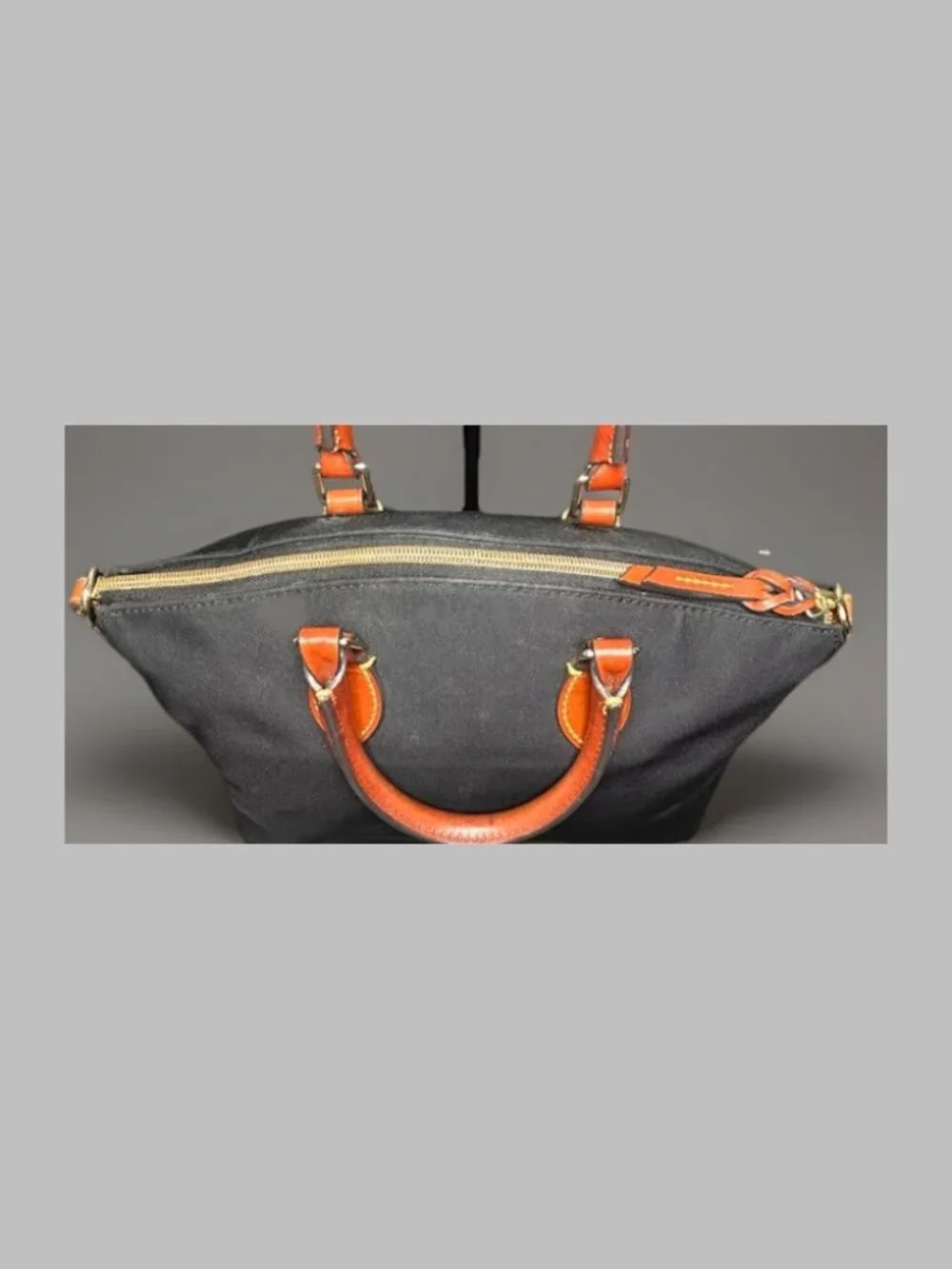 Dooney & Bourke Black Nylon Satchel Shoulder Tote Bag Brown Leather Trim COA